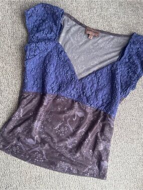 Purple Lace and Printed V-Neck Blouse